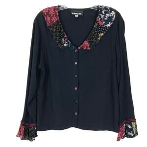 NWOT FROXX Top M Black Ruffle Patchwork Button Velvet Stretch